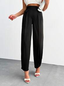 EURMUSE Women Solid Color Button Detailed Wide Leg Pants - Black - View 5