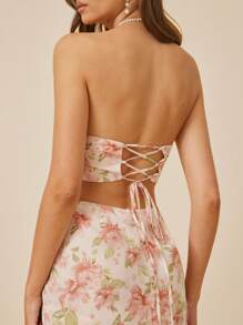 L'Amorae Rochie de damă cu imprimeu floral, decupat în talie, cu volană, tiv, rochie de vacanță - Caisă - Vizualizare 2