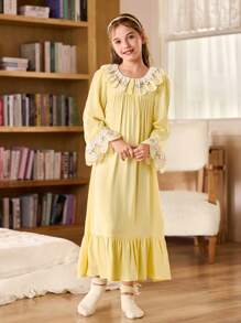 SHEIN 刺绣蕾丝领浪漫荷叶边拼接宽松长袖女童睡袍 - 黃色 - 查看 3