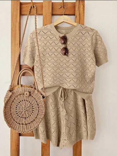 GlowEve 2pcs/Set Women Solid Color Round Neck Short Sleeve Hollow-Out Knit Top And Knit Shorts