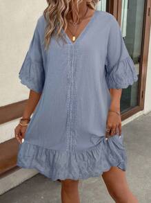 EMERY ROSE Various Designs Lace Trim Collar & Cuff Splicing Ruffled Hem Women Dress - Grey - View 8