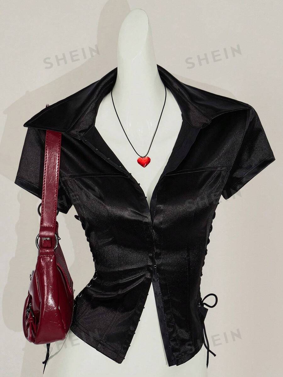 SHEIN ICON Camiseta ajustada de unicolor con tirantes cruzados para mujer, de estilo casual, hippie, de concierto de club, de satén, de verano, estilo Y2k