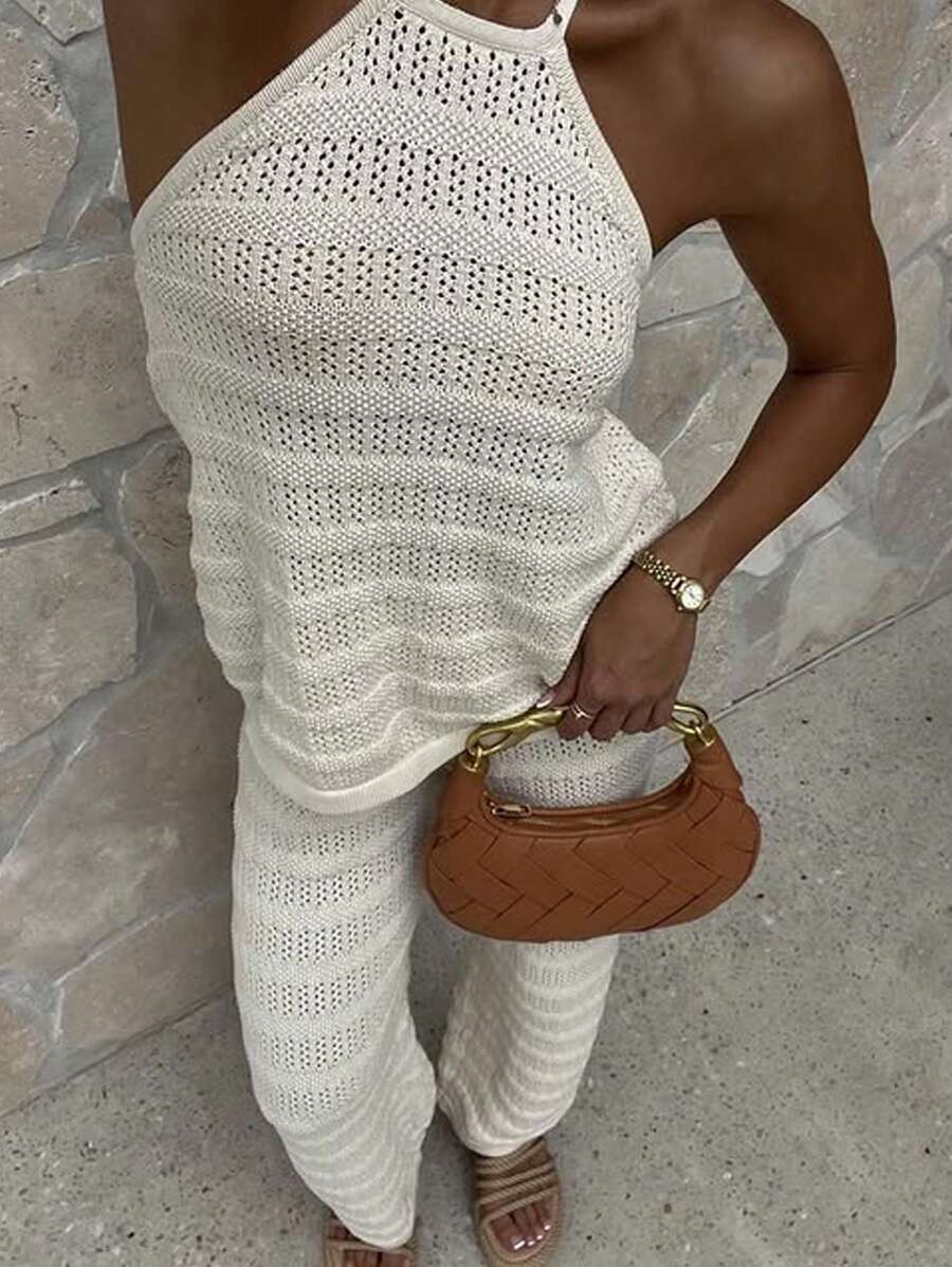 Siren Gaze Women Summer Solid Color Casual Holiday Halter Top And Pants 2 Pieces Set Women Summer Set See Through