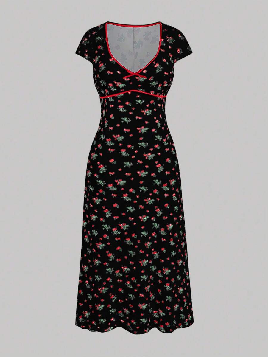 Sweetra 大码女式樱花印花甜心领短袖连衣裙，春秋季长款女装