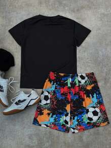 SHEIN 2pcs Tween Boy Casual Sports Colorful Graffiti Football Print Round Neck Short Sleeve T-Shirt And Shorts Set, Suitable For Commuting, Schooling, Casual Daily Wear, Sports, Spring/Summer - Black - View 3