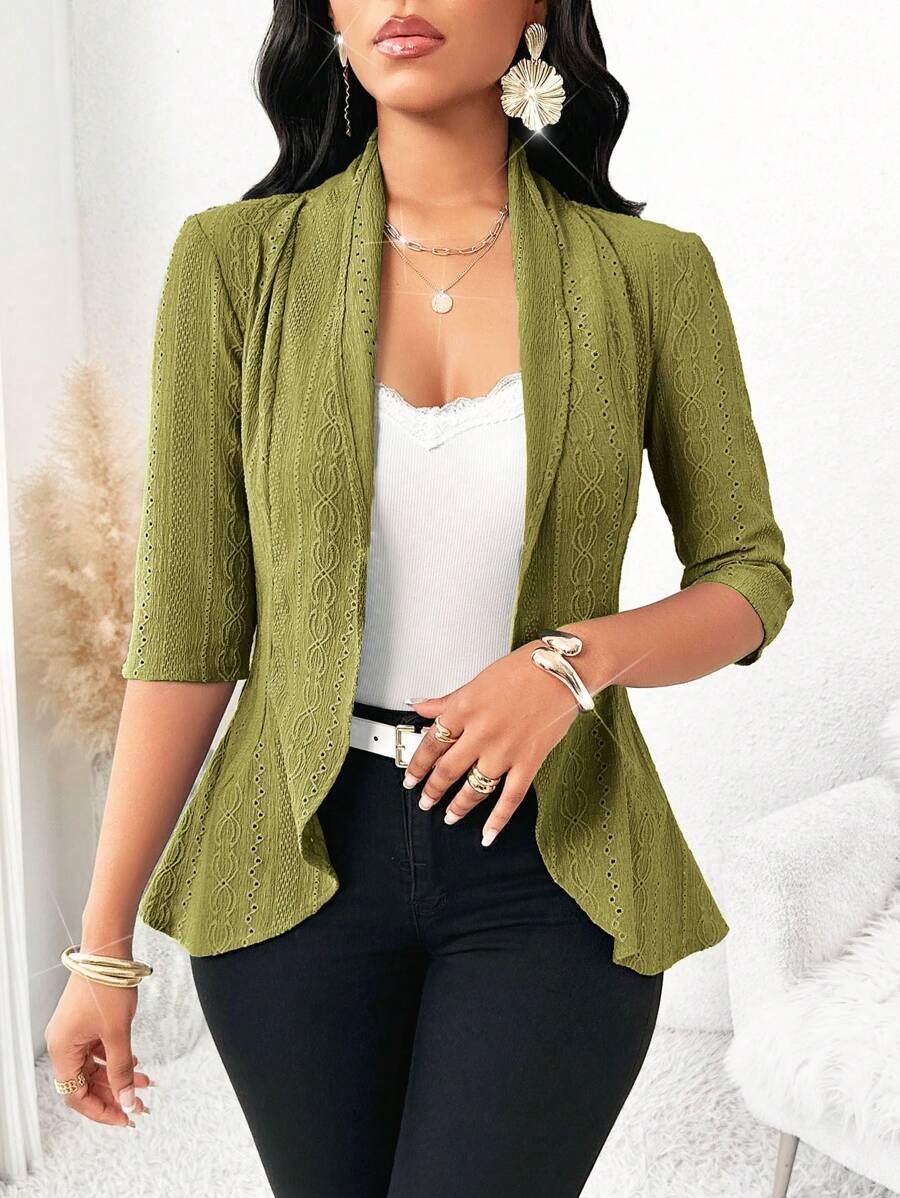 SHEIN Lady Áo khoác cardigan họa tiết rỗng màu xanh phong cách retro bốn mùa dành cho nữ vào mùa thu/đông - màu xanh lá - Xem 1