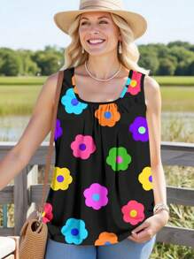 EMERY ROSE Camiseta y top sin mangas holgados con pliegues, de talla grande, de estilo minimalista y casual, con estampado floral ditsy multicolor, adecuado para primavera/verano - Multicolor - Ver 3