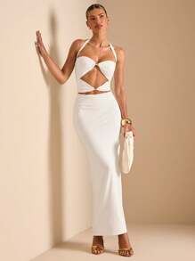 SHEIN BAE Vestido ajustado con decoración metálica con lazo en la cintura y espalda descubierta, sexy para resort