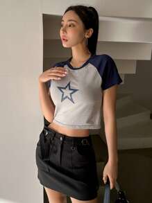 DAZY 星星印花插肩袖短款 T 恤 Y2k，图案 T 恤 - 灰色 - 查看 4