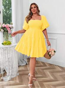 Flirla Plus Size Square Neck Ruffle Lantern Sleeve Mini A-Line Dress With Ruffled Hem, Cute Vintage Elegant Orange Bright Color Dress For Women - Yellow - View 3