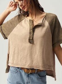 Bohemela Boho Vintage Style Knit Splicing Short Sleeve Half Placket Fitted Washed T-Shirt For Women, Spring Summer