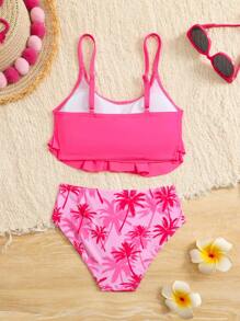 Tween Girl Vacation Beach Solid Color Spaghetti Strap Coconut Tree Print Bikini Swimsuit Set - Hot Pink - View 2