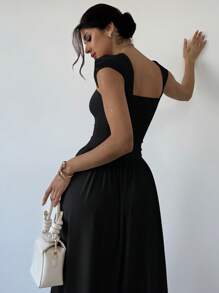 Firerie Vestido largo de corte evasé con cuello cuadrado, mangas abullonadas y detalles de lazo. Elegante y adecuado para citas, primavera/verano