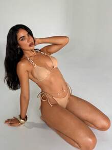 Aloruh Women's One-Piece Bikini Set, Romantic Retro Solid Color With Resin Chain Decoration, Mini Triangle Cup Halter Top With Tie Sides Bikini Set, For Beach Vacation Bikini 2 Pieces Set Bikini Set For Women Swimsuits For Woman Bathing Suits