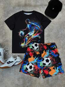 SHEIN 2pcs Tween Boy Casual Sports Colorful Graffiti Football Print Round Neck Short Sleeve T-Shirt And Shorts Set, Suitable For Commuting, Schooling, Casual Daily Wear, Sports, Spring/Summer - Black - View 2
