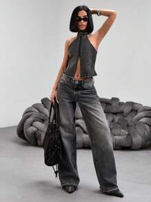 RueChic Y2K Summer Fashion Distressed Denim Halter Tank Top With Zipper Side Slit Sexy Outfit Damen Cowgirl Outfit - Grey - View 3