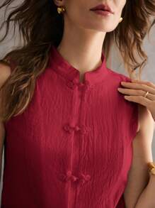 Poéselle Áo ba lỗ không tay cài nút phía trước đơn sắc dành cho nữ, cổ đứng, thường ngày - Màu Hoa hồng đỏ - Xem 9