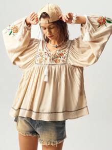 Bohemela 1 件女士度假纯色梭织镂空 V 领长袖衬衫 - 杏色 - 查看 2