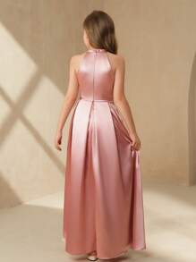 SHEIN Tween Girls Solid Color Asymmetric Hem Knotted Waist Elegant Party Dress