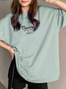 DAZY Women's Slogan Print Oversized Short Sleeve T-Shirt With Round Neckline, Thousand MASTERPIECES OF LABORER Summer Easter - Green - View 4