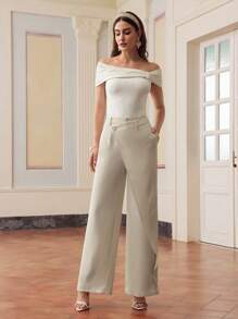 ZEYLAH Pantalones rectos de tela tipo 'commuter' para mujer con bolsillo lateral con abertura y color liso