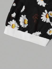 SHEIN Clasi 大码女式彼得潘领圆领修身优雅花卉印花中长款黑色休闲短袖连衣裙 - 彩色 - 查看 3