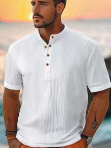 Manfinity VCAY Men's Slim Fit Woven Short Sleeve Textured T-Shirt In White, Summer - White - View 1