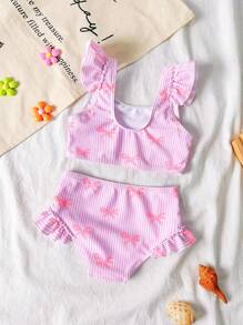 Baby Girl Butterfly Print Striped Short Cap Sleeve Swimsuit