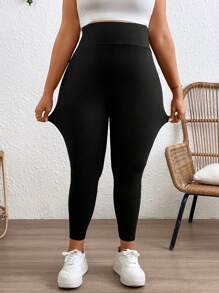SHEIN Plus Size Women's Solid Color Adjustable Waist Maternity Leggings - Black - View 4