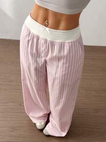 SHEIN PETITE Women's Button Design Bow Decor Striped Wide Leg Pants Fall Cloth For Women - Pink - View 1