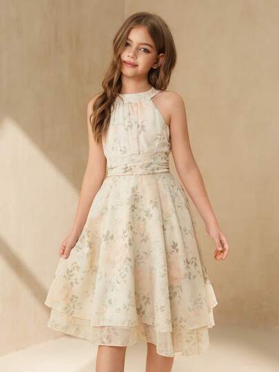 SHEIN 优雅可爱的绿色女童长款无袖连衣裙，适合度假、婚礼、花童、节日表演、舞会、派对、生日等场合