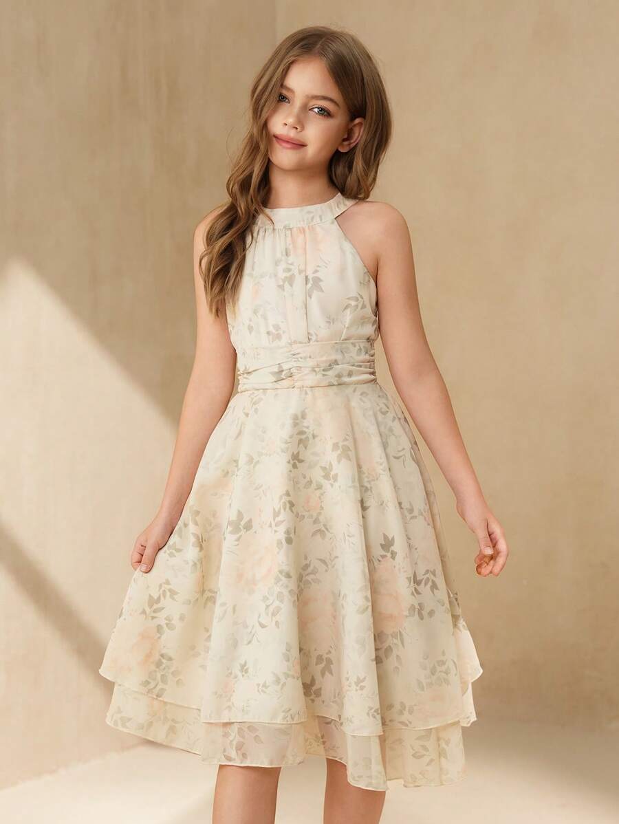 SHEIN 优雅可爱的绿色女童长款无袖连衣裙，适合度假、婚礼、花童、节日表演、舞会、派对、生日等场合