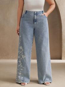 Anewsta Pantalón largo elegante con bordado floral para mujer de talla grande, diseño urbano y sofisticado