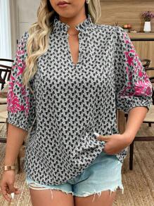 SHEIN Holidaya 大码女式数码印花优雅宽松度假风格短袖衬衫