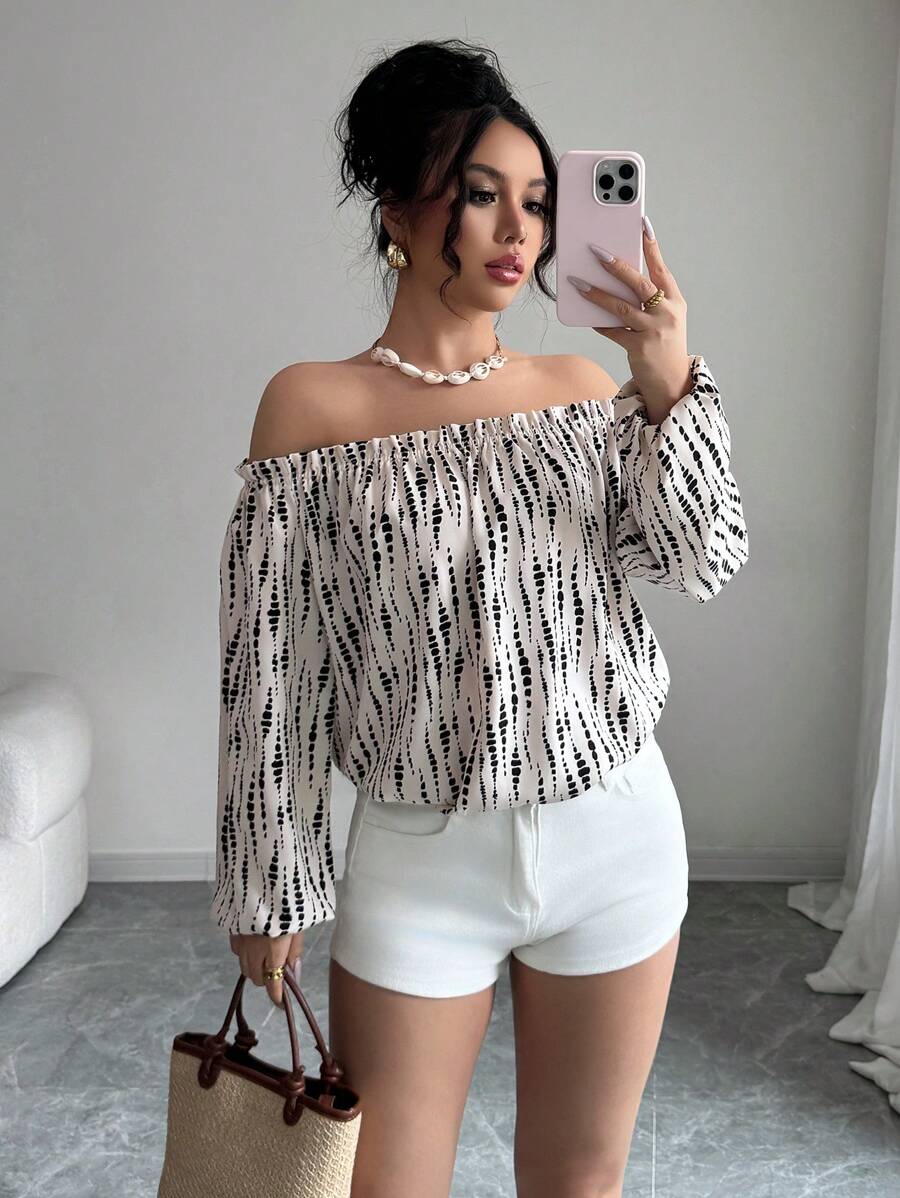 Selianne Áo trễ vai thường ngày cho nữ, tối giản và thời trang, phù hợp cho mùa hè - Đen và trắng - Xem 1