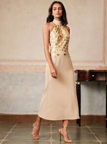 Anewsta Vestido ajustado de estilo retro hecho a mano para mujer - Caqui - Ver 3