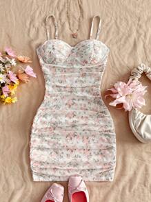 Soleia 度假风碎花褶饰肩带迷你连衣裙，适合搭配内衣或外套 - 杏色 - 查看 3