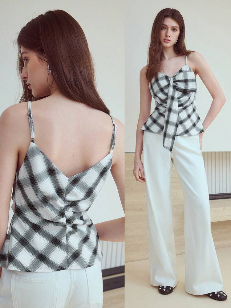 MOTF STUDIO PLAID RUCHED WAIST CAMI TOP