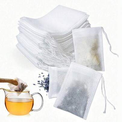 100pcs Multi-Purpose Disposable Non-Woven Drawstring Tea Bag, White Filter Bag, With Drawstring, Easy To Pour And Clean, Suitable For Coffee, Tea, Herbs, Spices, Jewelry Packaging And Gift Bundling