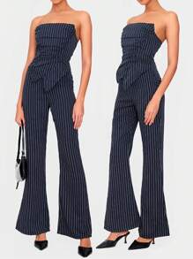 Siren Gaze 女士条纹褶饰抹胸紧身连体裤，女士时尚通勤连体衣工作服女士夏季连体裤 - 藏蓝色 - 查看 9