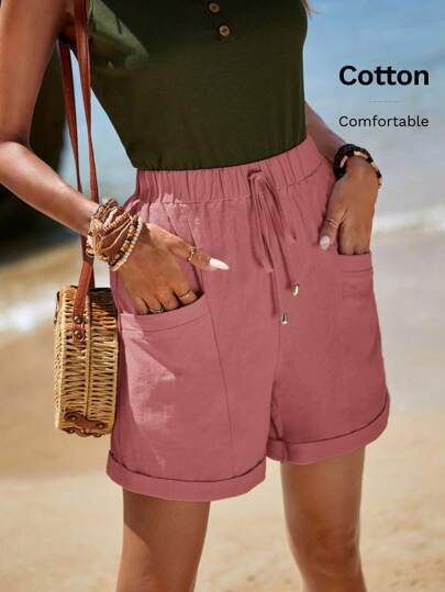 Sylviya Vacation Style Casual Rolled Hem, Front Knotted, Double Pocket  Shorts