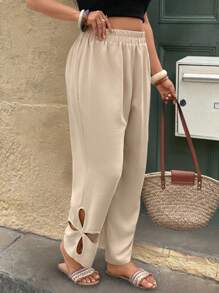 EMERY ROSE Plus Size Women's Spring & Summer Casual Countryside Style Floral Twist Design Fashion Versatile Khaki Color Long Pants - Apricot - View 3