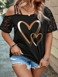 SHEIN Women Plus Size Casual Oblique Shoulder Heart Print T-Shirt