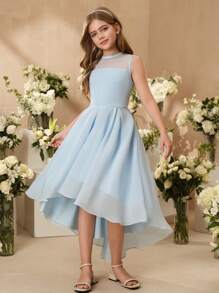 SHEIN Tween Girl Elegant Solid Color Mesh Panel Asymmetric Hem Dress - Baby Blue - View 3