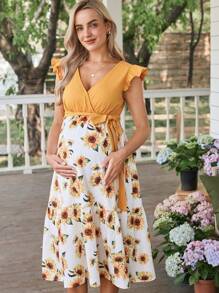 SHEIN Maternity Casual Contrast Color Patchwork Sunflower Print Dress  Sunflower Print Women Summer Clothes Dress Woman S Summer Clothes