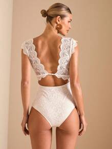 SHEIN BAE 女士蕾丝深 V 领露背性感可爱度假百搭白色紧身衣