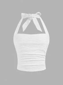 Tween Girl Casual Solid Knit Textured Jacquard Halter Crop Top Blouse With Bows