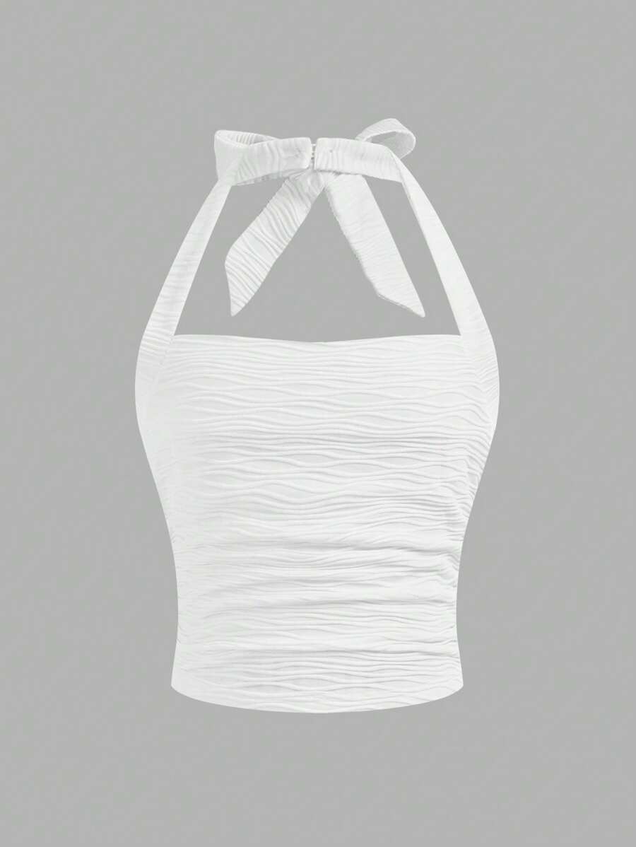 Tween Girl Casual Solid Knit Textured Jacquard Halter Crop Top Blouse With Bows