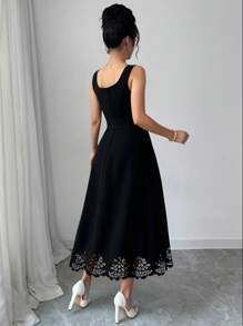 Elenzga Women Square Neck Sleeveless Perforated Hem Elegant Short Dress