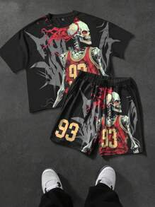 Manfinity EMRG Men's Black Polyester Short Sleeve Round Neck T-Shirt And Shorts Set With Skeleton Graphic Print - Black - View 7